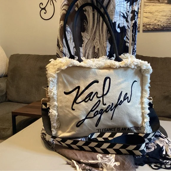 Karl Lagerfeld Cream and Black Tote Bag “ ELEGANCE IS AN ATTITUDE” NWOT - Picture 14 of 14